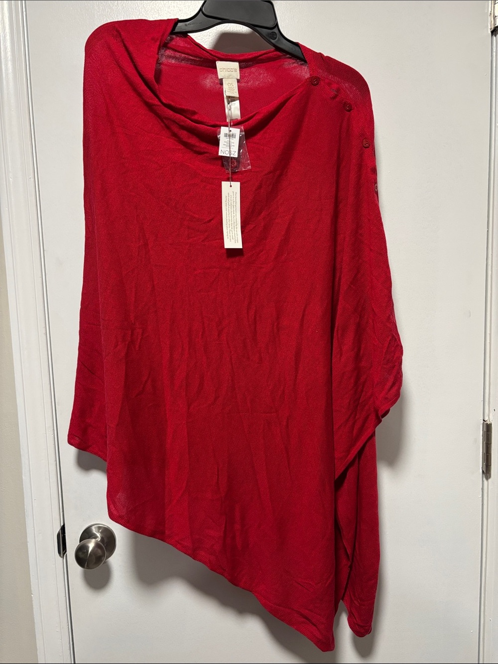 Chico’s Asymmetrical Button-Shoulder Susan Poncho in Renaissance Red